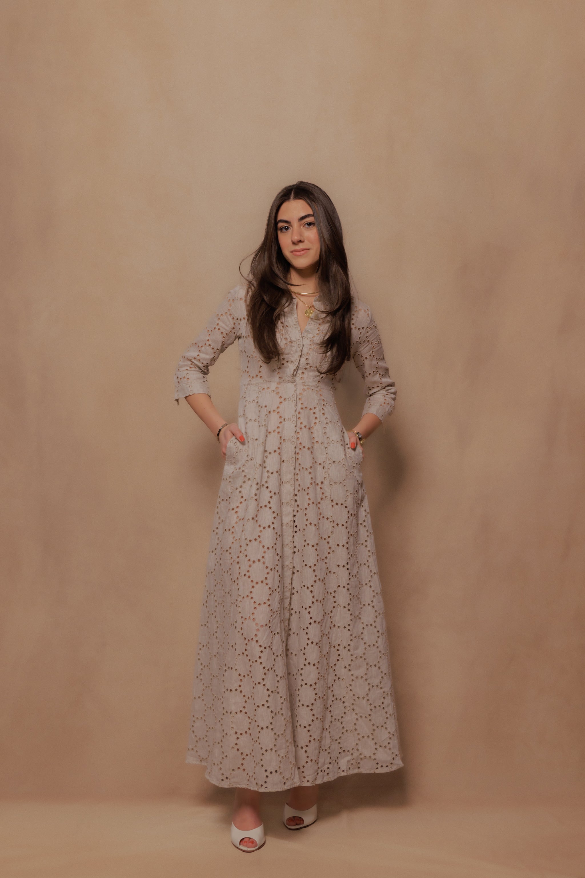 The Signature Dress in Eyelet Beige