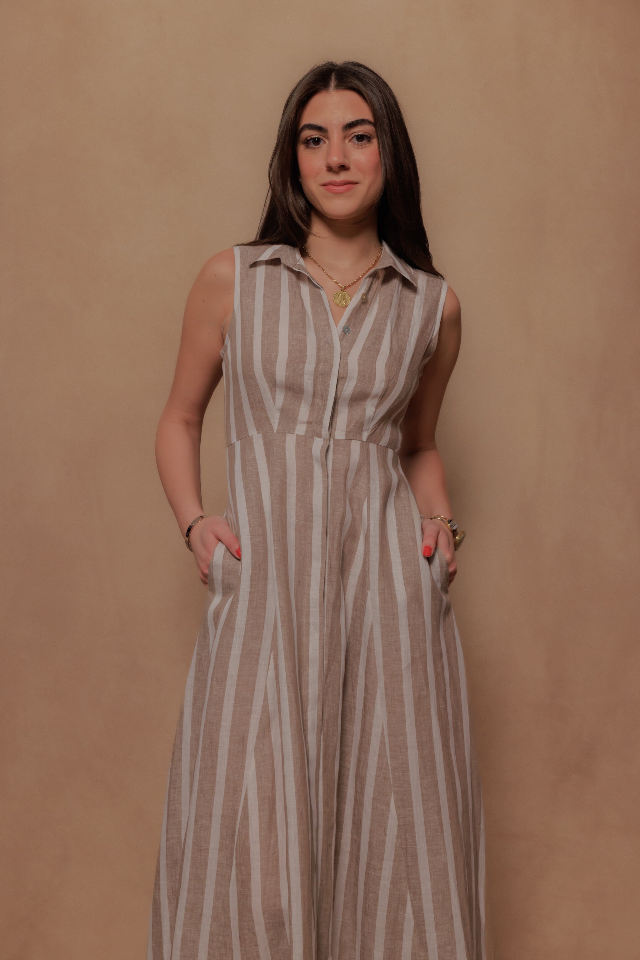 The Victoria Dress in Beige Stripe