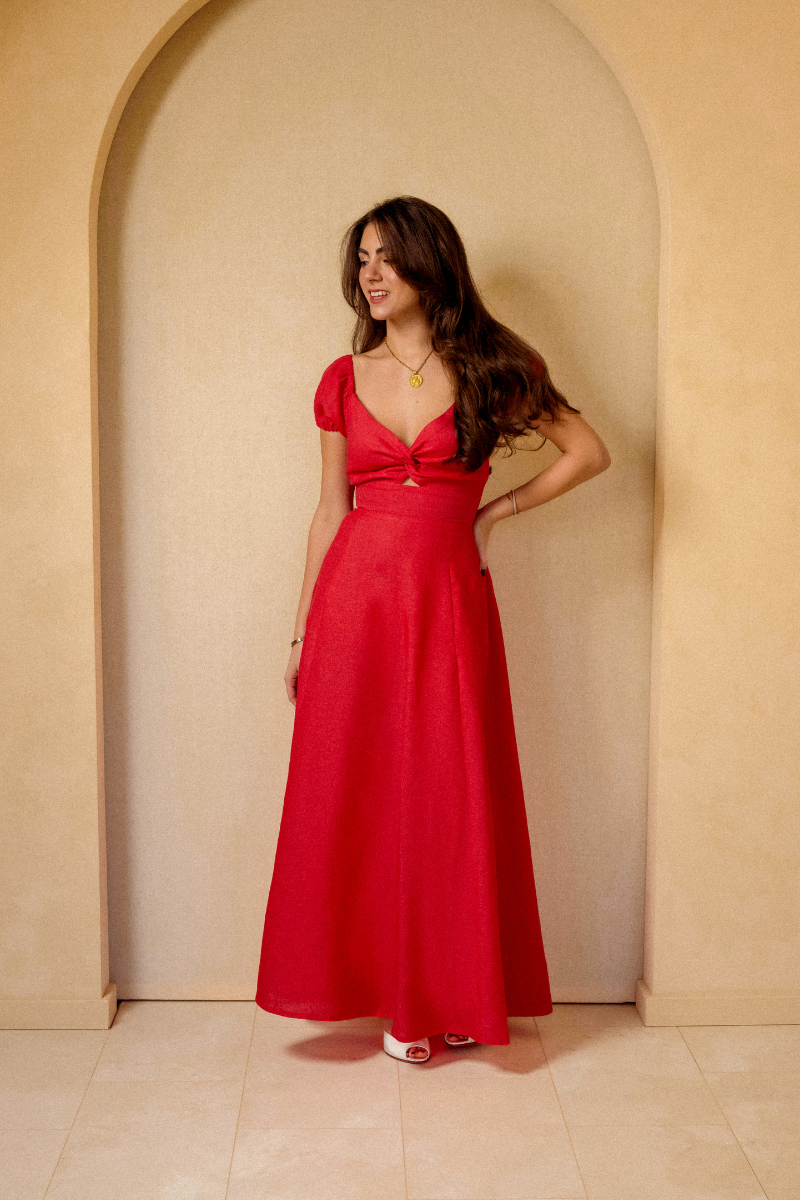 The Positano Puff Sleeve Dress in Cherry Red The Positano Puff Sleeve Dress in Cherry Red