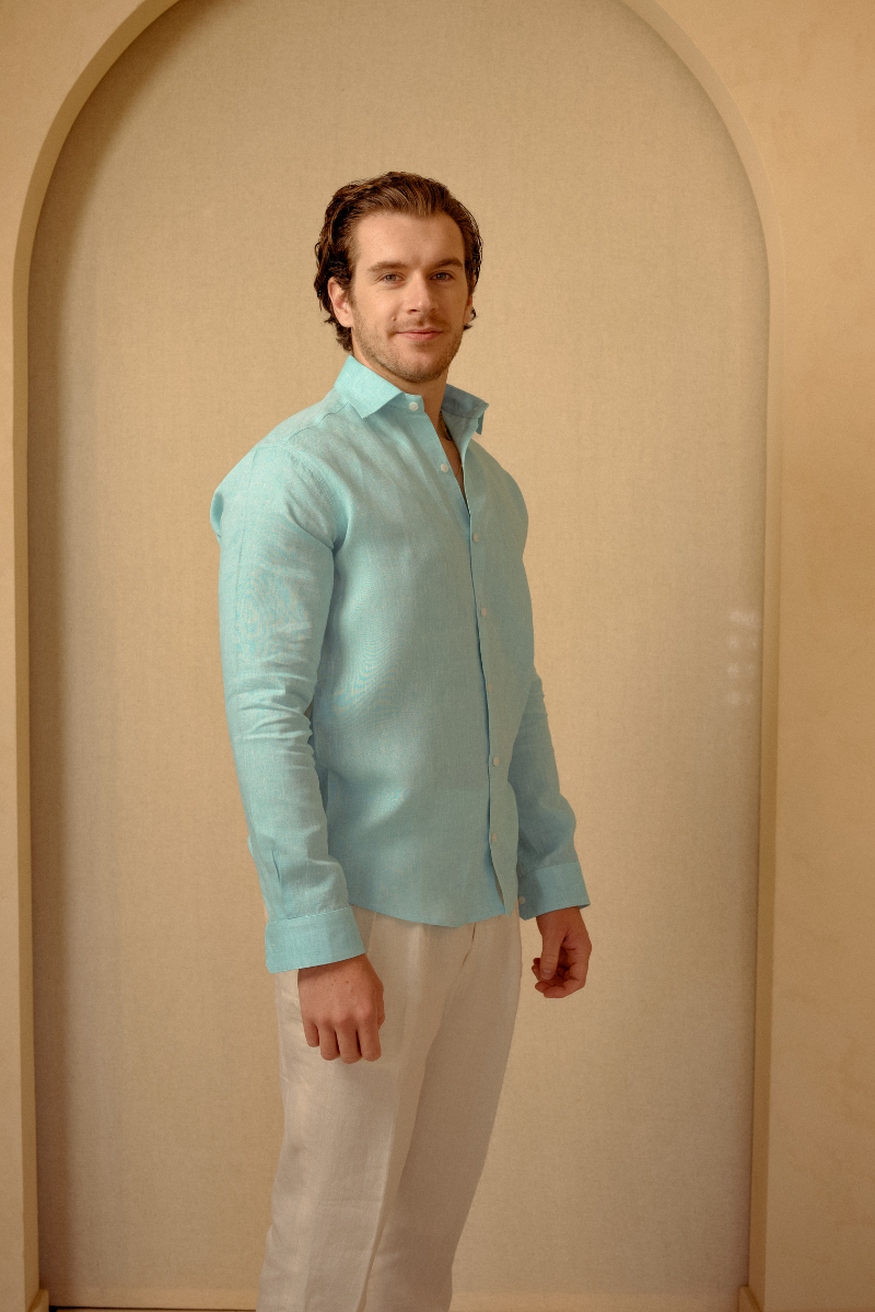 The Amalfi Linen Shirt in Aqua Blue