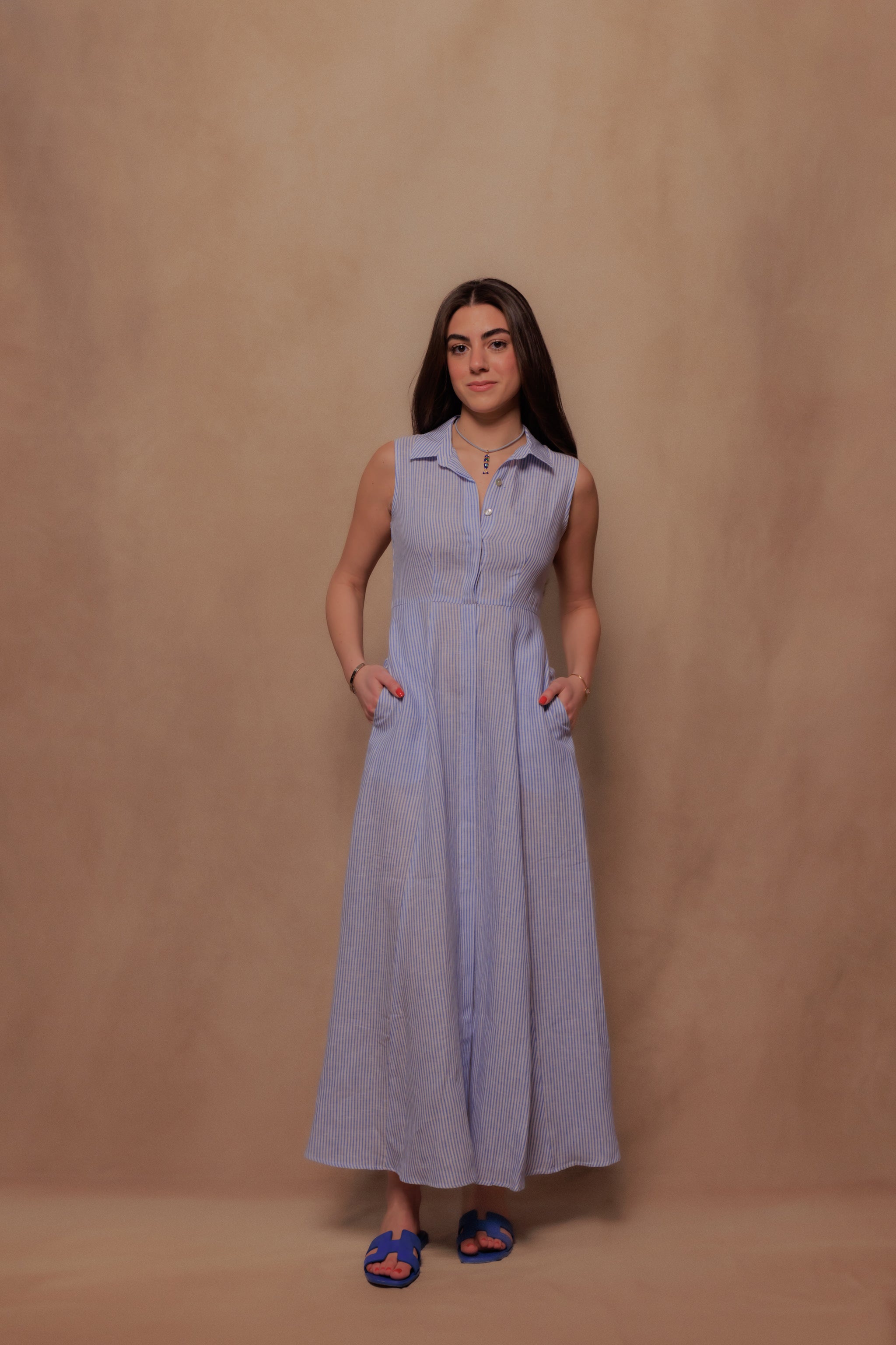 The Victoria Dress in Blue Stripe