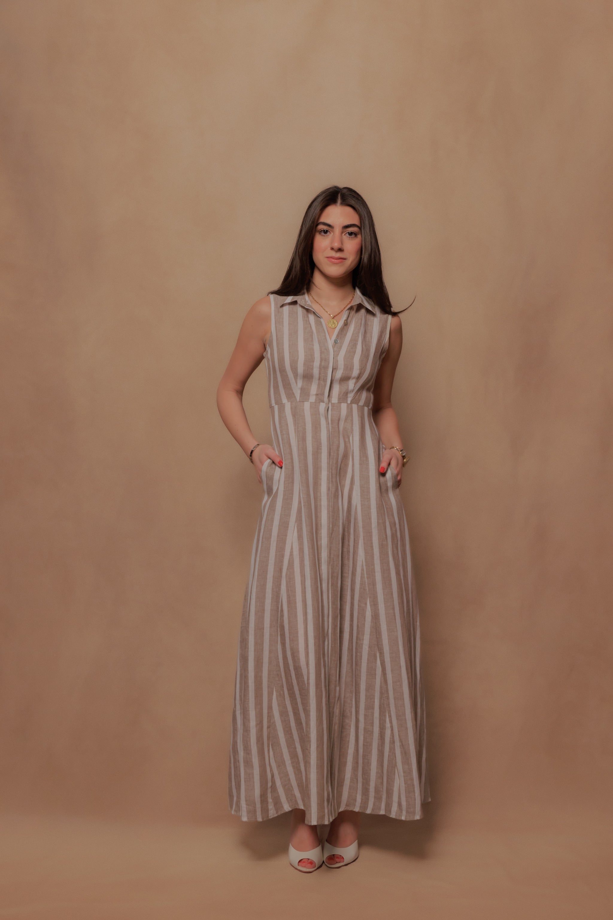 The Victoria Dress in Beige Stripe