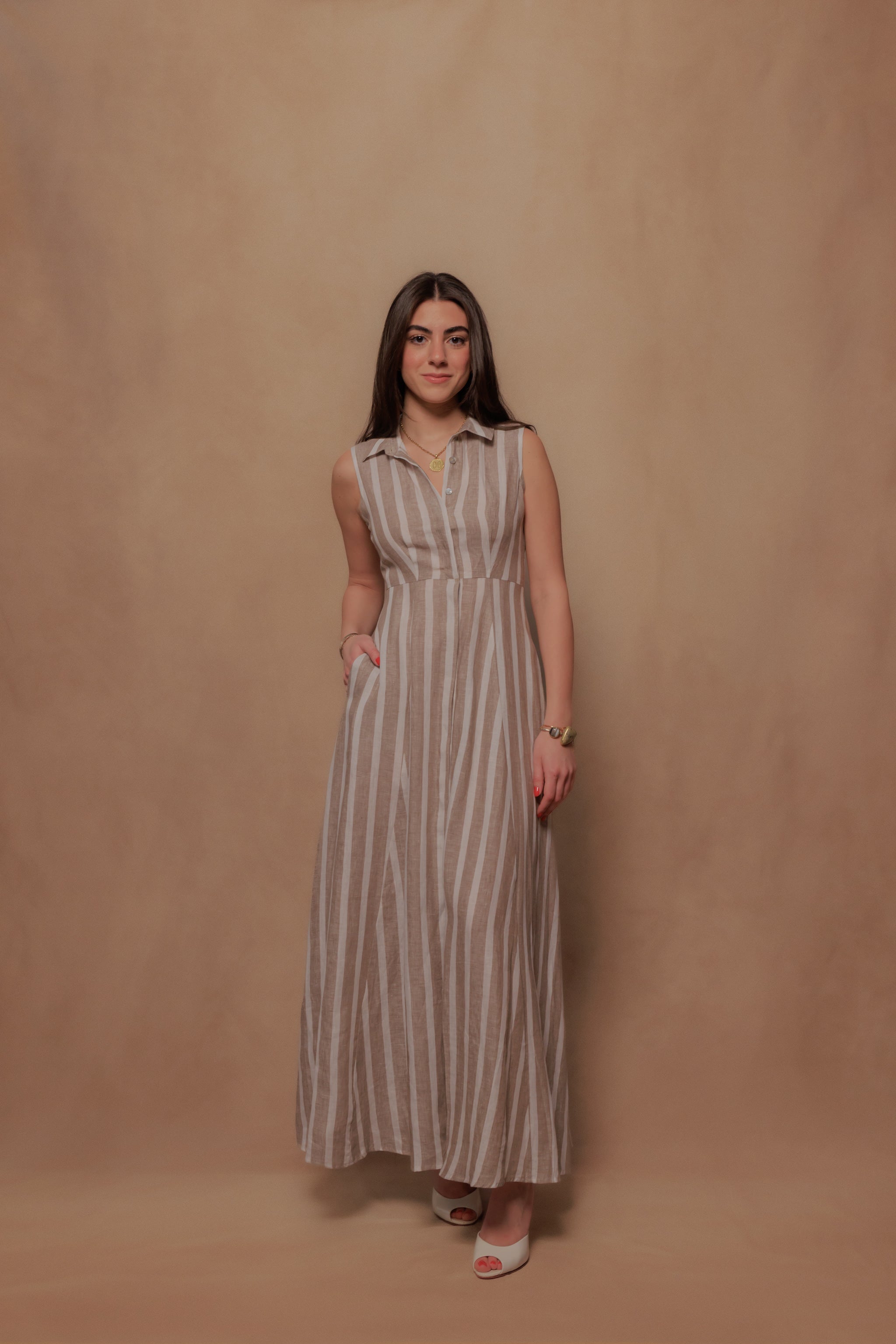 The Victoria Dress in Beige Stripe