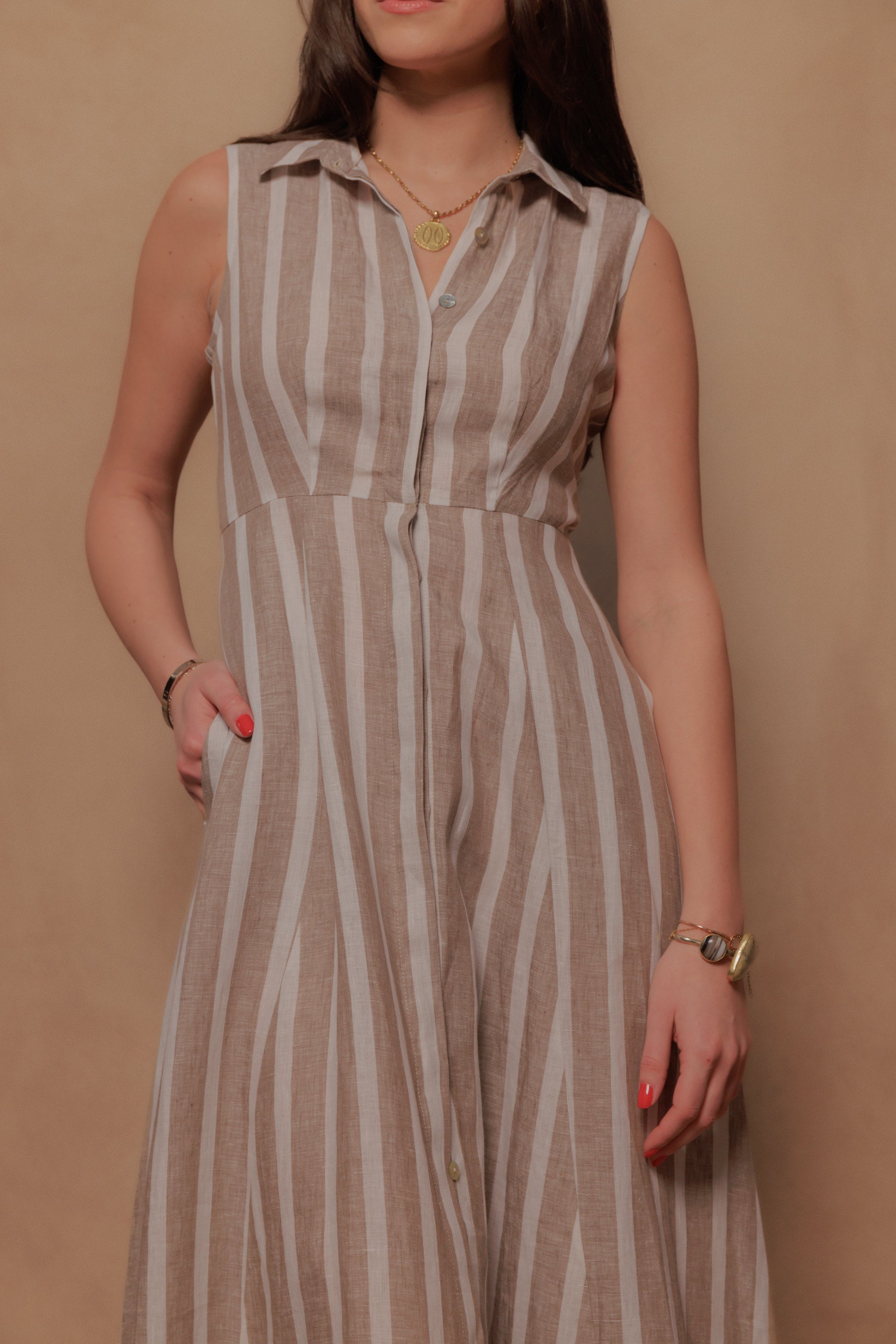 The Victoria Dress in Beige Stripe